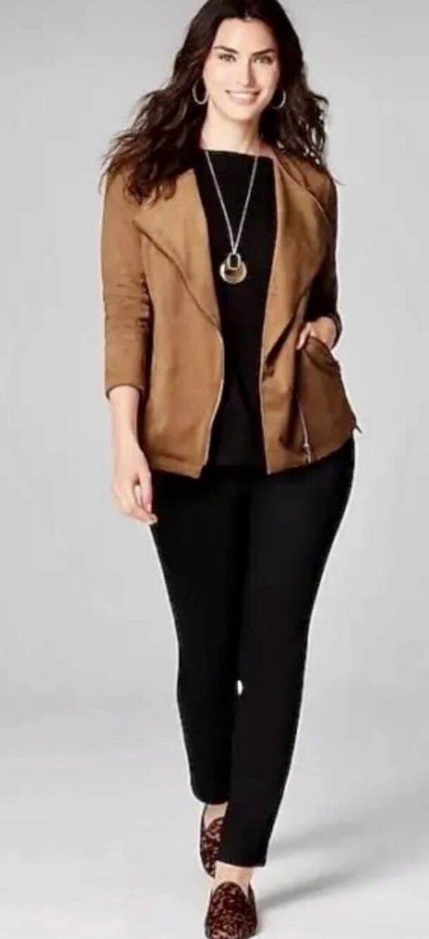 J. Jill Acorn Brown Faux Suede Asymmetric Zip Up Moto Jacket Size XL Blazer